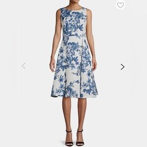 Floral Jacquard Fit-&-Flare Dress with Box Pleats
